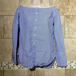 nanette NANETTE LEPORE Off Shoulder Seersucker Stepped Button Down Blous…